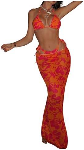 Milumia Women's 3 Piece Floral Swimsuits Halter Triangle Tie Side Thong Bikini Set with Cover Up Skirt Medium
