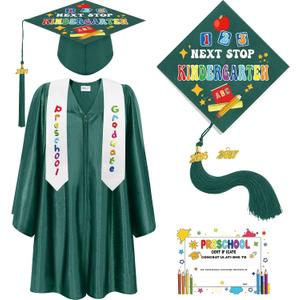 Bokon 4 Pcs 2026 Kindergarten Preschool Graduation Cap and Gown with Tassel Graduation Stole and Certificate for Toddler Kids(27,Green)