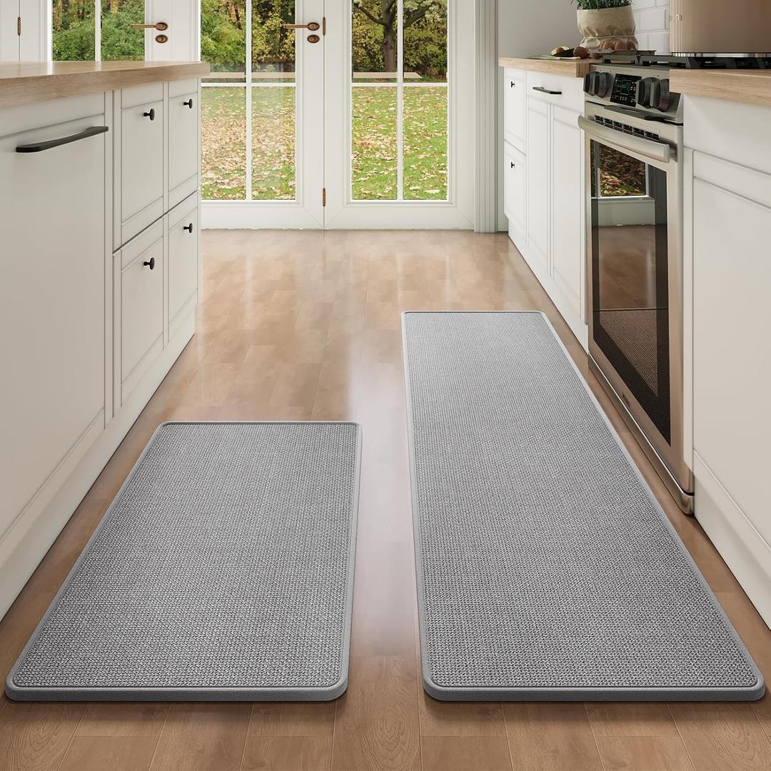 Kitchen Mat Kitchen Rugs Sets of 2 PCS Non Slip Washable, Linen-Like 0.3" Thick Cushioned Absorbent Kitchen Mats for Floor, Mild Anti-Fatigue Sink Laundry Standing Mat, Gray 17"x30"+17"x59"