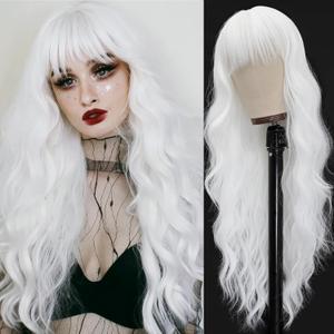 Vomella Long Wavy White Wigs for Women 26 Inch White Wig with Bangs Natural Looking Synthetic Heat Resistant Wig for Halloween Daily Party Use (60)