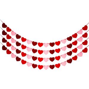 2 x Felt Burgundy Red and Pink Heart Garland- Pack of 40, Pre-Strung Valentines Banner for Wedding Decorations Anniversary Decorations
