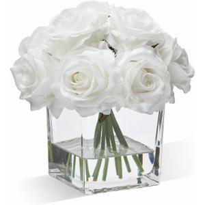 WELL KNOWN Rose Artificial Flowers in Vase with Faux Water, Silk Rose Table Centerpieces for Home Coffee Table Decor, Fake Roses Flower Arrangements for Office Hotel Lavatory Decor