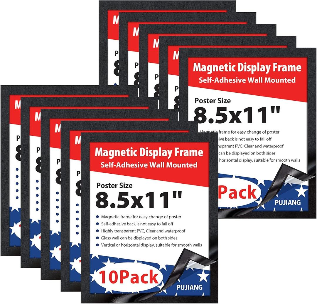 8.5"x 11"Magnetic Sign Holder, Double Sided Window Self-adhesive Frame, Transparent PVC and Strong Magnetic Display Frame for Home/Office/Poster/Certificate/Artwork Display(Black,10Pack)
