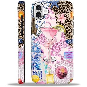 Compatible with iPhone 16 Case - Dual-Layer Protection, Hard Shell with Silicone Interior,Slim Scratch Resistant Shockproof for Woman Men - Leopard Print Wine Glass Collage