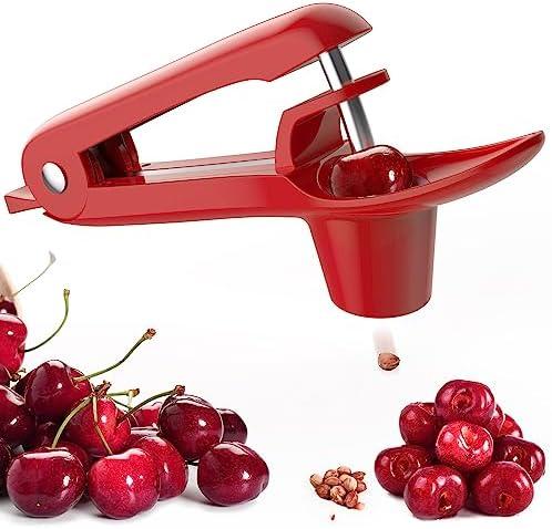 Cherry Pitter - Ordekcity Stainless Steel Cherries Corer Pitter Tool with Hand-held Push Design, Save Time & Space for Making Cherry Jam with Lock Design (Red)