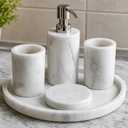 Premium White Marble Bathroom Accessories Set | 5 Piece Bathroom Set with Liquid Soap Dispenser, 2 Toothbrush Holders, Soap Holder & Marble Tray | Elegant Bathroom Countertop Organizer