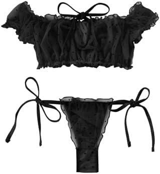 Lilosy Sexy Stretch Ruffle Tie Sheer Mesh Lingerie Set Outfits Size M