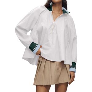 Burtell Half Zip Pullover Women Flowy Long Puff Sleeve Sporty Henley Blouse Casual Shirt Contrast Loose Fit Swing Tunic Tops (White, S)