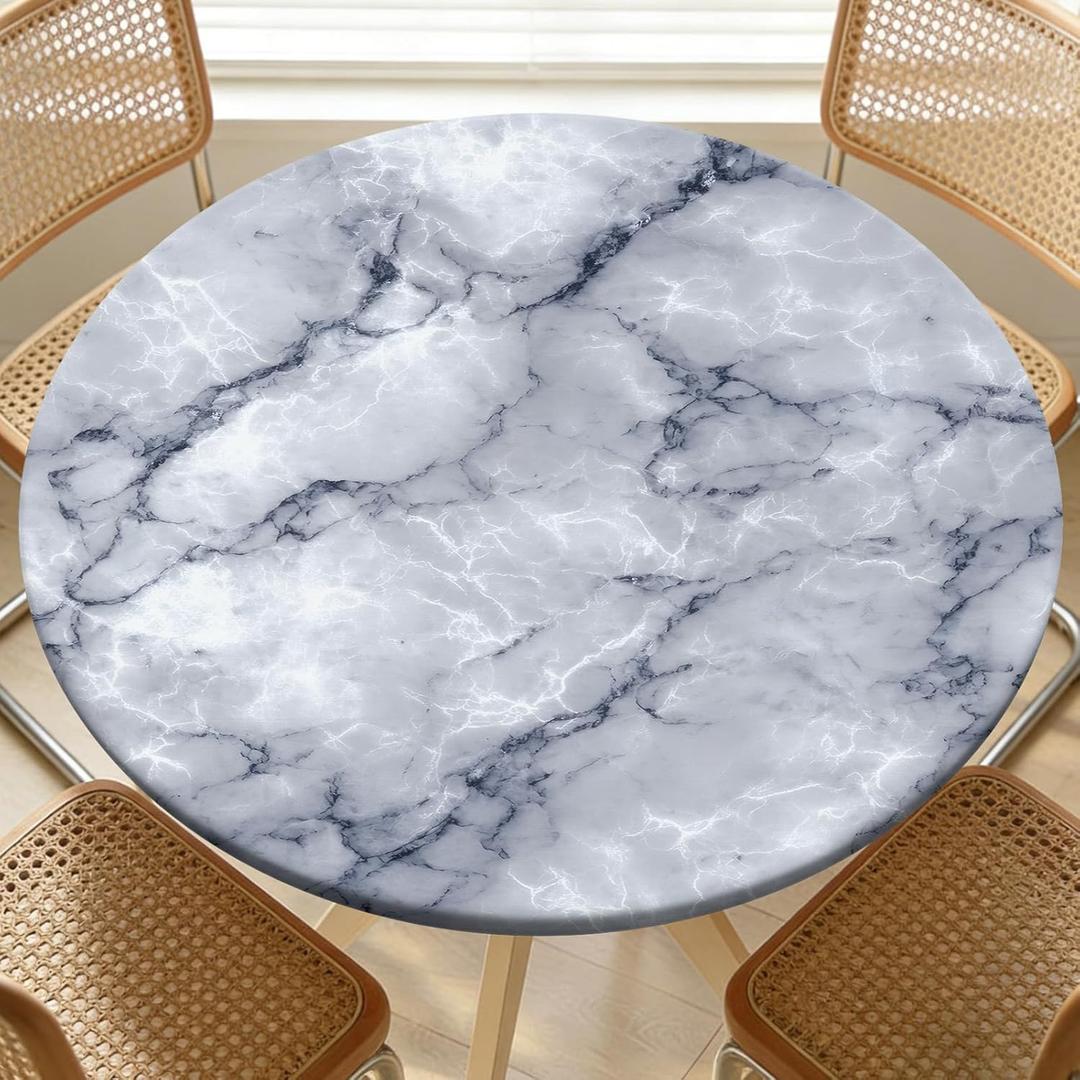 Round Fitted Table Cloth with Elastic Edge Design Table Cover Waterproof Stain-Resistant Wipeable Picnic Tablecloths Fits 46"-50" Round Tables for Camping, Dining, Indoor and Outdoor (Marble)