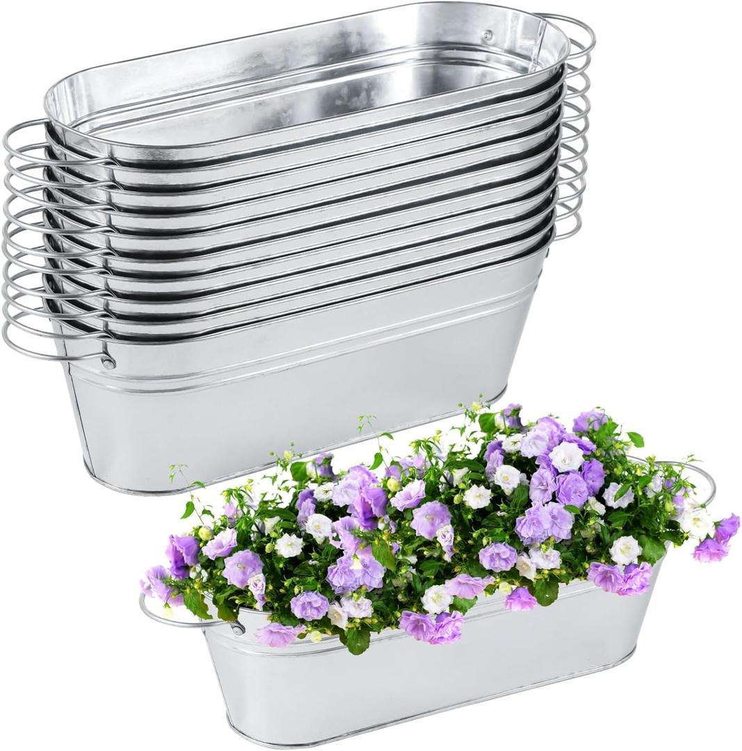 10 Pcs Galvanized Oval Planters Tub with Handles, Metal Pail Flower Pot Planter Box for Floral Arrangements Patio Garden, 11.5  4.3  3.7 in