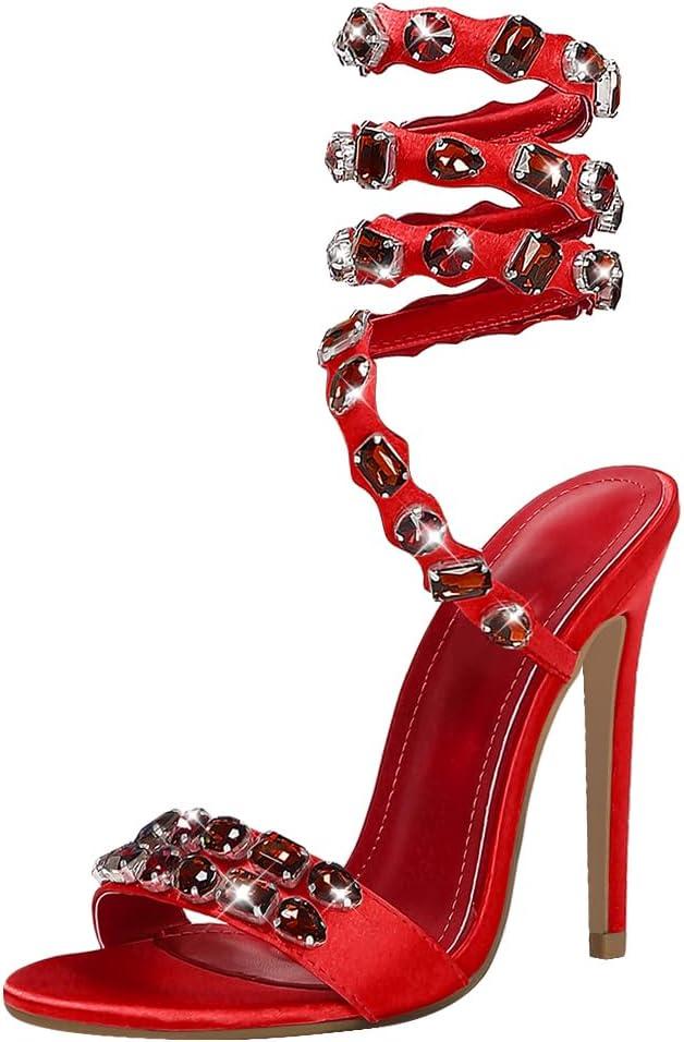 LISHAN Women's Diamante Rhinestones Studded Stilettos Ankle Wrap High Heels size 9