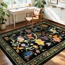 3x5 Entryway Rug Non Slip, Black Washable Floral Area Rug for Bedroom Playroom, Soft Vintage Carpet with Rubber Backing, Stain & Fade Resistant, Low Pile Flower Mat Modern Farmhouse Decor