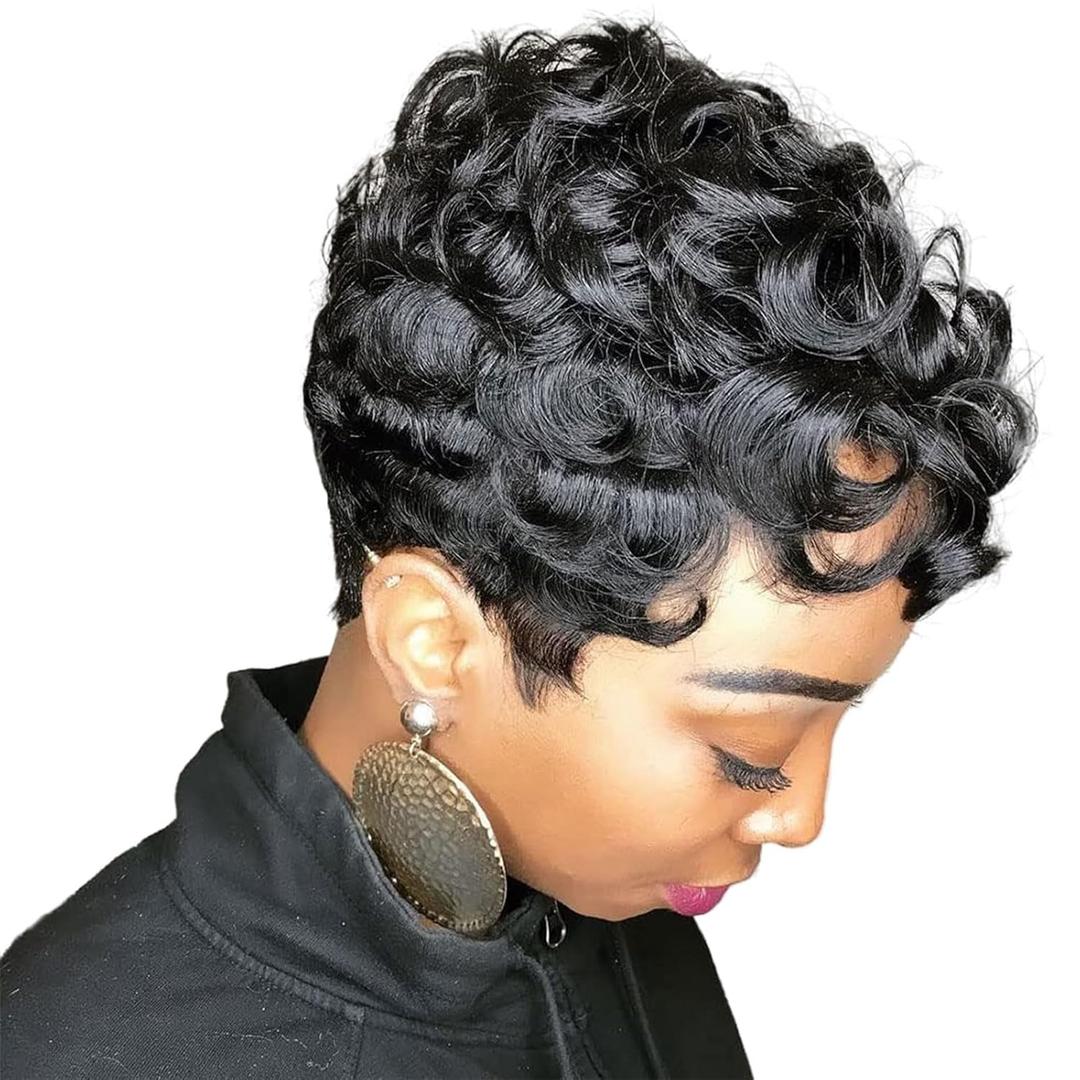 Short Pixie Wigs for Black Women Short Black Curly Pixie Wig Synthetic Short Hair Wigs for Black Women Natural Wavy Black Pixie Cut Wig