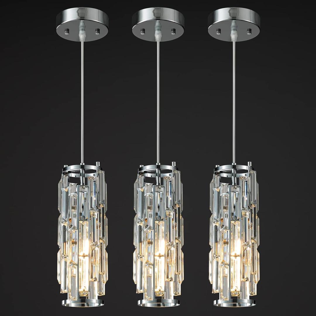 LMQNINE Pendant Lights Modern Chrome Pendant Light Mini Crystal Chandelier Pendant Lighting for Kitchen Island Dinning Room Bedroom Kitchen Sink Lighting (Chrome 3-Pack)