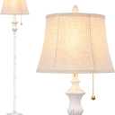 TOBUSA Rustic Vintage White Floor Lamp for Living Room Bedroom, 64inch Traditional Tall Floor Lamp with White Linen Shade, Retro LED Standing Pole Lamp Upright Floor Light for Home Decor, Pull Chain