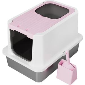 RIZZARI Enclosed Cat Litter Box: Extra Large Pink Litter Pan with Top Exit & Anti-Leak Design - Teflon Non-Stick Coating Stainless Steel Cleaning - Odor-Control in Garage Utility Room