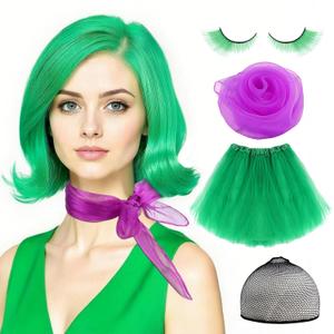Women Green Costume Wig Set  4Pcs Adult Short Green Cosplay Wig Adjustable with Wig Cap, False Eyelashes, Purple Scarf & Puff Skirt  Character Outfit for Halloween, Anime, Party & Cosplay