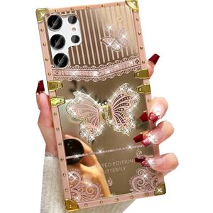Changjia for Samsung Galaxy S24 Ultra Glitter Kickstand Case,Cute Luxury Bling Sparkly Diamond Butterfly Foldable Stand Mirror Back Elegant Shockproof Women Girls Phone Case for Galaxy S24 Ultra,Pink