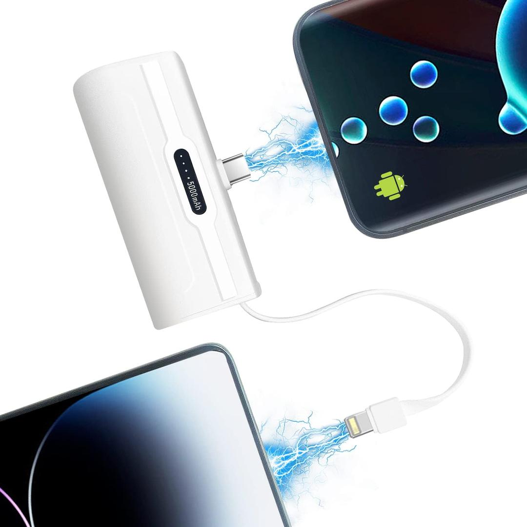 Portable Mini Power Bank Charger for USB C Android Device (Direct Plugin) and for iPhone Apple (Wired), 4800mAh Cute Fast Charge Small Battery Power Bank for Woman Man -White