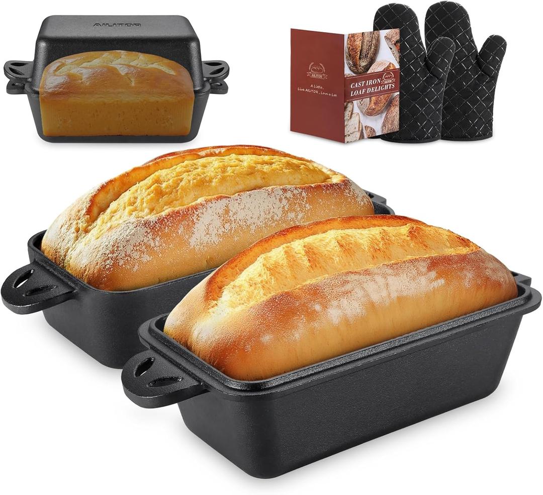 AILITOR Cast Iron Loaf Pan with Lid 9x5 Inch - Bread Baking Pans for Homemade Bread, 2 Piece Set