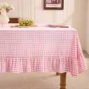 Romanstile Gingham Ruffled Tablecloth Rectangle - Waterproof Linen Cotton Checkered Table Cloth, Outdoor Plaid Table Cover for Picnic, Camping, Party - 60 x 120 Inch, Pink