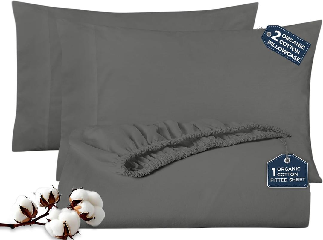 ROYALE LINENS Fitted Sheet with Pillowcases - Queen Fitted Sheets with 2 Pillowcases - 300 Thread Count 100% Organic Cotton - Fits Mattress Up to 18" Deep - Soft & Breathable - Grey (No Flat Sheet)