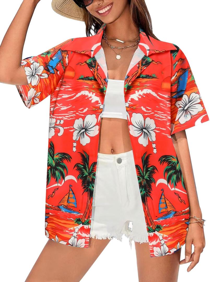 Womens Hawaiian Shirts Soft Cool Floral Print T-Shirt V Neck Short Sleeve Tropical Button Up Tops (Medium, Orange)