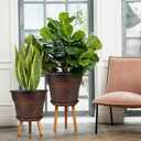 Plant Planters Pots Set of 4 Pack 11 Inch, Plastic Flower Pot For Indoor Plants With Drainage Holes & Trays, Resin Decorative Container Sets With Saucer For House Outdoor Garden Planters Copper