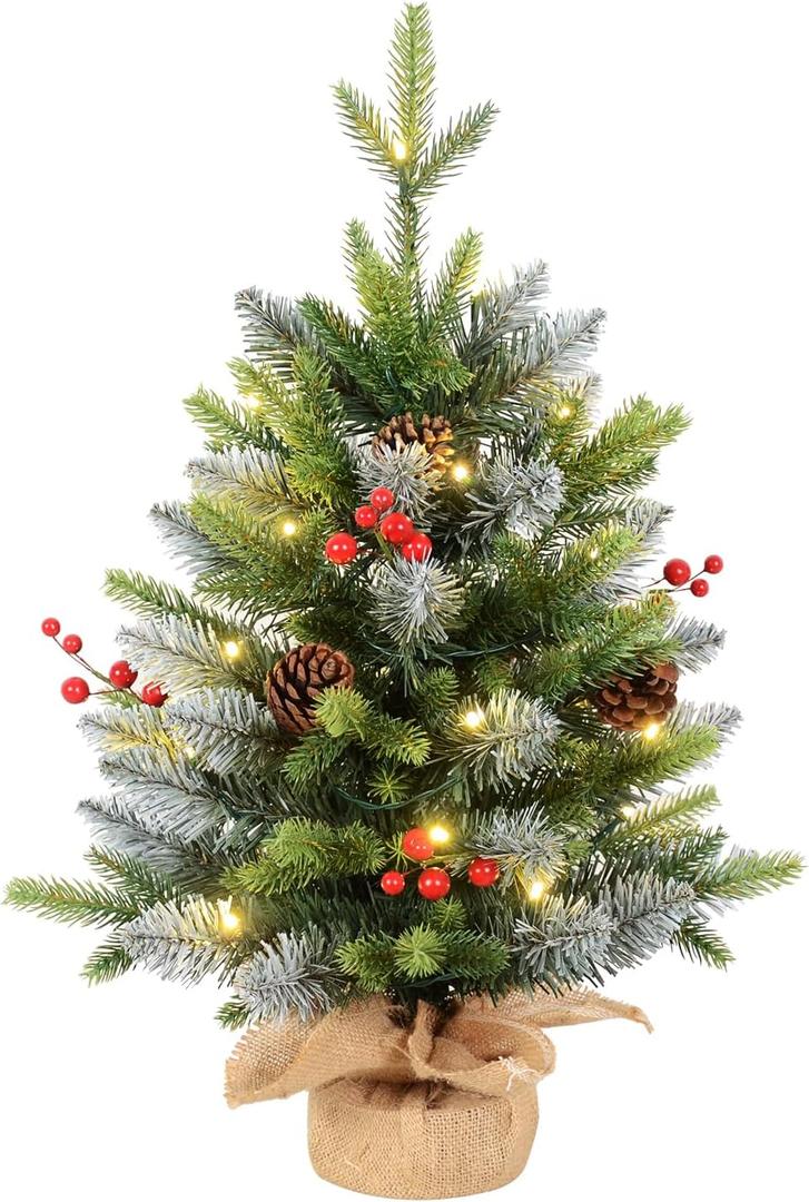 24H Pre-lit Artificial Mini Christmas Tree with Timer, Tabletop Xmas Tree with 20 LED & Burlap Base, Decorative Table Tree for Christmas Party Festival Home Decor (Green/White)