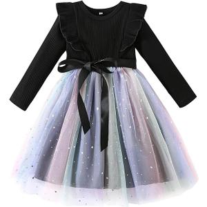 NARPLO Toddler Girls Dresses Tulle Long Sleeve Ruffle Baby Fall Winter Fashion Casual Toddler Dresses for Girls( Size 100), A Line Black 