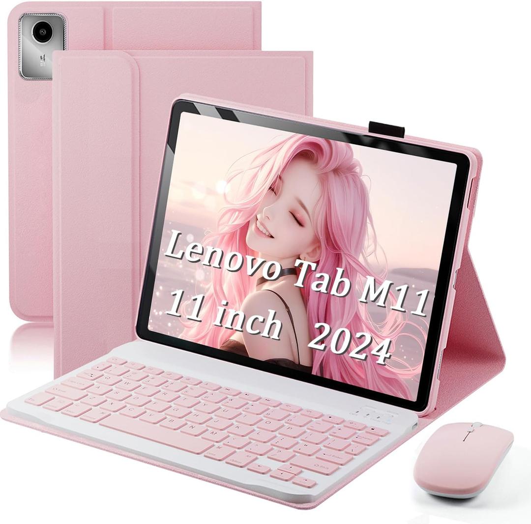 TUNKARMOR Keyboard Case for Lenovo Tab M11 / Tab K11 LTE 2024 11 Inch - Mouse and Detachable Keyboard PU Leather Cover Case Auto Sleep/Wake - Pink
