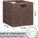 Wicker Storage Baskets for Organizing, 3 Pack Rustic Foldable Square Basket for Shelves, Handwoven Cubby Organizer Bins for Home Decor, Small Cube Storage Bin for Closet Organization (Brown 11 inch)