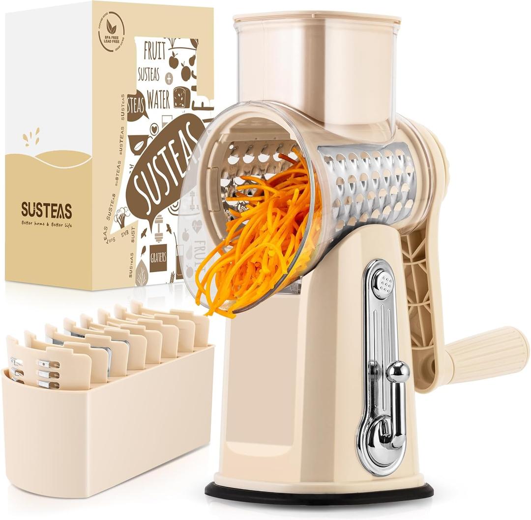 SUSTEAS Rotary Cheese Grater with Handle - Vegetable Shredder with 5 Well-designed Blades & Strong Suction Base,Round Mandoline Slicer & Food Chopper for Kitchen,with Blade Storage Box (Beige)