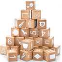 Peohud 26 PCS Wooden Alphabet Blocks, Cute ABC Building Blocks for Kids, Number Stacking Blocks, Preschool Educational Learning Toys with Shapes Objects on Every Side for Boys Girls