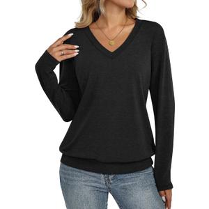 Womens V Neck Long Sleeve Shirts Banded Bottom Cute Loose Fit Tops Dressy Casual Outfits for Fall Spring (Black)