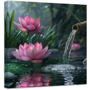 ZXHYWYM Zen Canvas Wall Art Lotus Flower Picture Prints Pink Water Lily Nature Spa Painting Spiritual Artwork for Meditation Room Decor Framed(Picture-2, (12.00" x 12.00"))