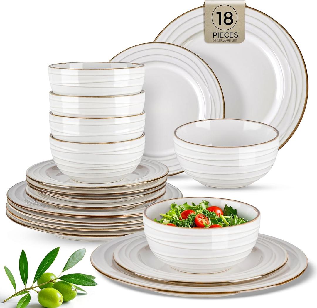 GBHOME Ceramic Dinnerware Sets,18 pcs Embossed Elegant Stoneware Plates and Bowls Sets, Housewarming Wedding Gift | Dishwasher & Microwave Safe | Dishes Set Service for 6 (Pearl White-Wave)