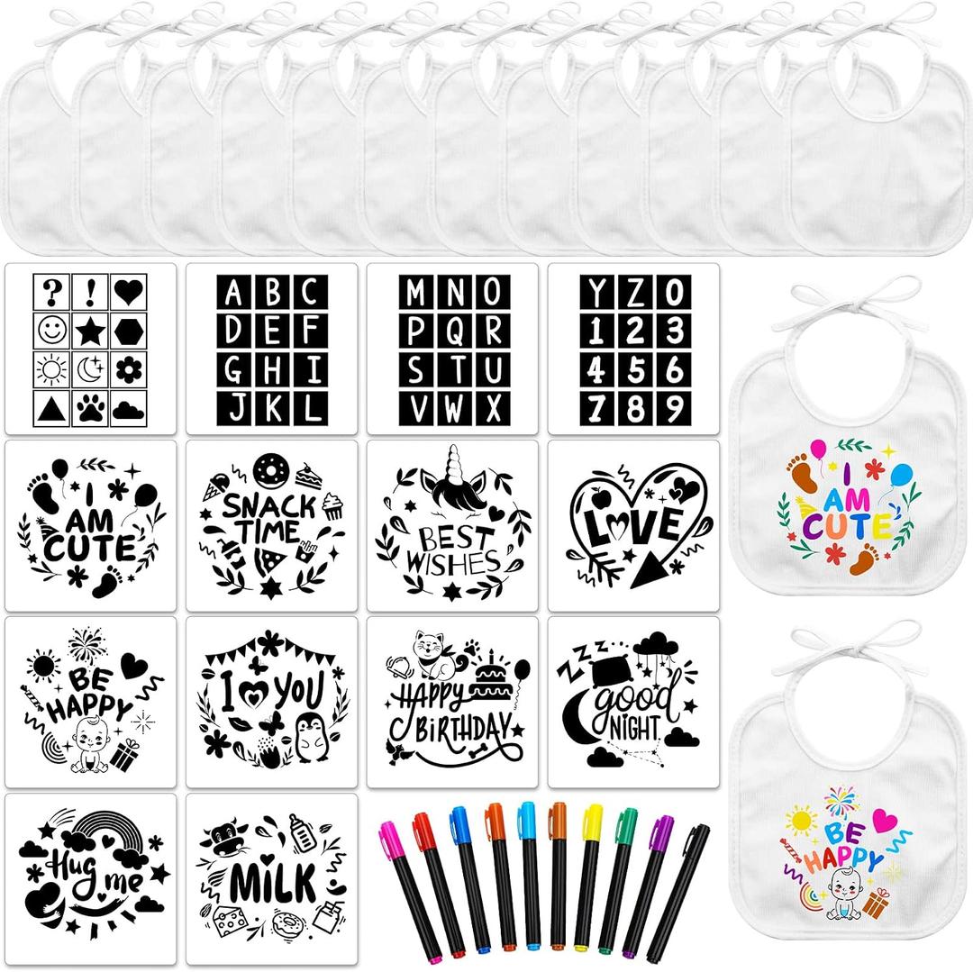 Jutom 38 Pcs DIY Baby Bibs Decorating Kit 14 Bibs 14 Stencils 10 Fabric Markers 2 Ply Feeder Design Bib for Shower Games