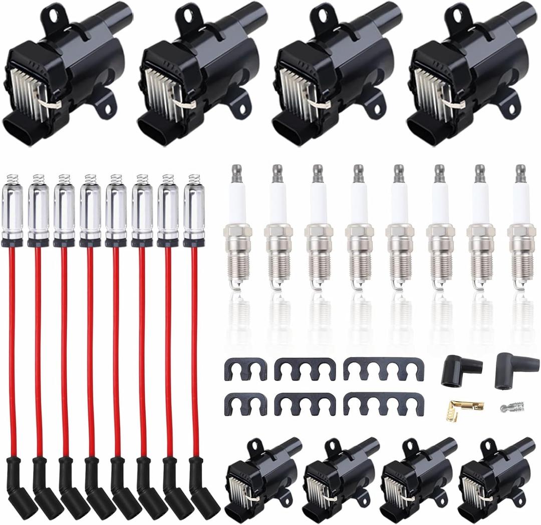 Set of 8 Round Ignition Coils UF262+ 41-962Spark Plugs+ 748UU 8mm Spark Plug Wires for Chevy Avalanche Express Tahoe Silverado Suburban 1500 2500 3500/GMC OEM# D585 (UF262 black +748UU+41-962)