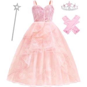 Pink Witch Costume for Girls with Crown Wand Gloves,Halloween Costume for Kids Girls Good Witches Princess Dress Up (9-10 Years)