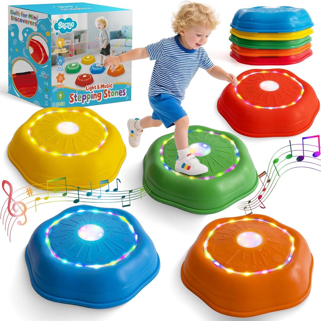 Musical Stepping Stones for Kids - 7 Piano & Drum Tones, Flashing Colorful Lights for Toddler Balance & Sensory Development | Indoor/Outdoor Play Equipment for Ages 3-5 (Large-11 inch)