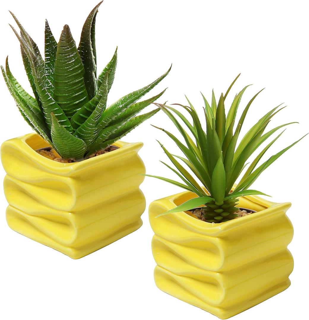 MyGift 4-Inch Yellow Ceramic Mini Succulent Plant Pot, Modern Decorative Planters with Candy Ribbon Design, Set of 2