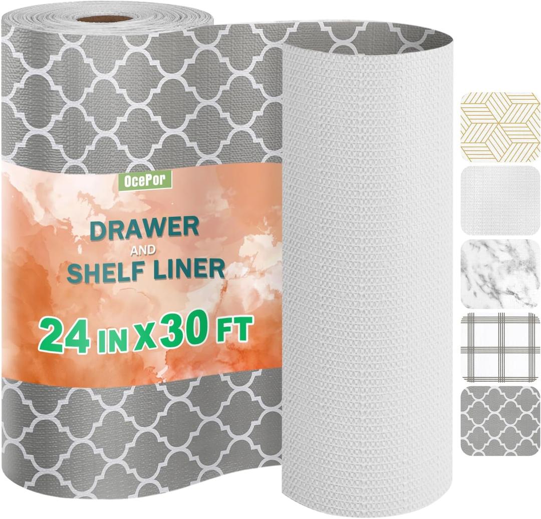 OcePor Non-Adhesive Drawer and Shelf Liner 24IN x 30FTNon Slip Cabinet and Cupboard Liner, Kitchen Cabinet Liners for Shelves, Waterproof Drawer Shelf Liners for Cabinets/Bathroom Cupboard (Gray Quatrefoil)