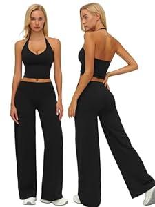 ABOCIW Workout Sets for Women 2 Piece V Neck Adjustable Halter Crop Top Matching Wide Straight Leg Yoga Pants Leggings Gym Pilates Outfits Athletic Work Out Clothes Halter Black X-Large