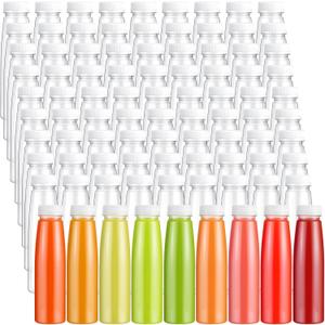 Tanlade 100 Pcs Plastic Juice Bottles with Caps Refrigerator Drink Container with Lid Clear Reusable Beverages Bottles for Juices, Milk, Tea, Fridge Storage, Take out (White Cap,10 oz)