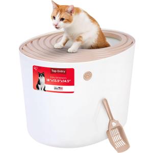IRIS USA Top Entry Cat Litter Box with Scoop, Stylish Round Cat Litter Box Enclosure, Kitty Litter Box, Beige/White (Large)