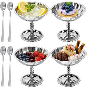 Ice Cream Cups Set of 4 with Spoons, 4.4 oz Stainless Steel Dessert Bowls, Vintage Footed Sundae Cups for Yogurt, Pudding, Fruit & Snacks for Home, Parties & Weddings