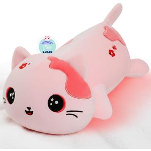Microwave Weighted Cat Stuffed Animal - 2.2 Pounds Big Pink Cat Plush Machine Washable Unscented Cute Heating Pad Animal Pillow Warm Plushies Toy for Adults Kids Pink Flower Embroidery 15 Inch, 6 inches x 10 inches x 15 inches
