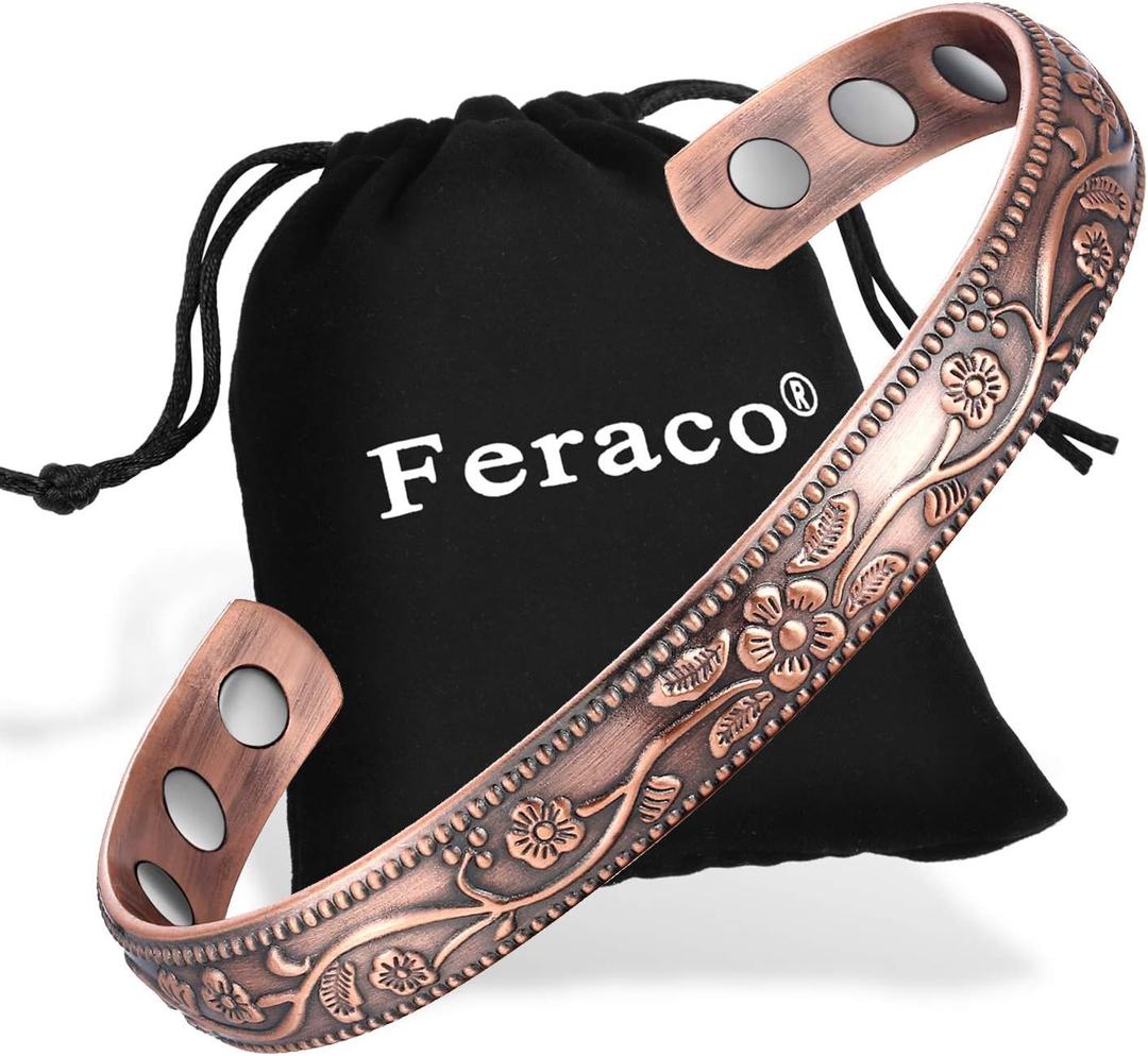 Feraco Copper Bracelet for Women, Ultra Strength Magnetic Bracelets, 99.99% Pure Copper Cuff Bangle with 3500 Gauss Neodymium Magnets, Adjustable, Vintage Flower Collection