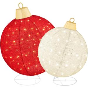Best Choice Products 2pc Lighted Pop-Up Outdoor Christmas Ornament Set, Holiday Ball Decoration w/ 180 LED Lights, 8 Light Functions - Red/White